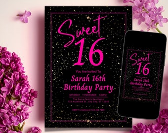 Edytowalny szablon Canva zaproszenia na przyjęcie urodzinowe Sweet 16, cyfrowe zaproszenie na 16 urodziny, czarno-różowe drukowane zaproszenie na przyjęcie Sweet Sixteen