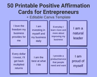 May include: A set of 8 printable affirmation cards for entrepreneurs. The cards are light blue with white text. The text on the cards includes phrases like "I love the freedom my business provides for me" and "I am a natural leader".