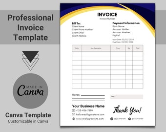 Professional Business Invoice Template, Printable Small Business Invoice, Custom Invoice Form, Editable Digital Invoice PDF, Canva Template