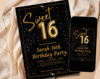 Edytowalny szablon Canva zaproszenia na przyjęcie urodzinowe Sweet 16, cyfrowe zaproszenie na 16 urodziny, czarno-złote drukowane zaproszenie na przyjęcie Sweet Sixteen