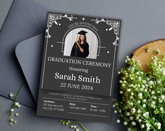 Editable Graduation Ceremony Invitation Canva Template, Grad Party Invite, Digital Graduation Evite, Printable Black Graduation Party Invite