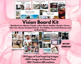 Zestaw Vision Board, Mood Board do druku, aby osiągnąć wymarzone życie, Karty pozytywnych afirmacji, Narzędzia manifestacji, Wyznaczanie celów