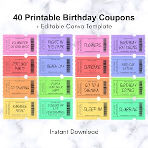 40 Printable Birthday Coupons, Birthday Vouchers, Birthday Gift Ideas, Birthday Present, Editable Canva Template, Personalized Coupons