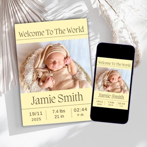 Printable Photo Birth Announcement Card, Digital Cute Birth Announcement Template, Editable Baby Announcement, Newborn Baby Girl Baby Boy