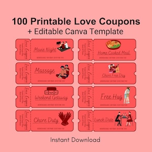 100 Printable Love Coupons for Him and Her, Couple Coupons, Valentines ...