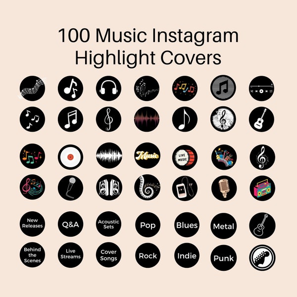 100 Music Instagram Highlight Covers, Music IG Icons, Music Lover Instagram Template Bundle, Story Highlights, Black and White Music Icons