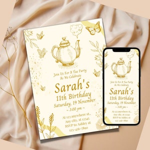 Tea Party Birthday Invitation Canva Template, Printable Tea Party Invite For Girls, Digital Editable Invitations, High Tea Birthday Brunch