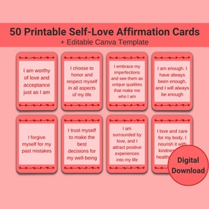 50 affirmations d'amour-propre imprimables pour femmes, affirmations positives du jour, cadeau amour-propre, cartes numériques de santé mentale, modèle sur toile