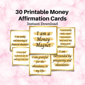 30 tarjetas imprimibles de afirmación de dinero, abundancia financiera y mentalidad de riqueza, manifestación, citas positivas de lujo diarias, kit de tablero de visión