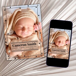 Printable Full Photo Birth Announcement Card, Digital Cute Birth Announcement Template, Editable Baby Announcement, Newborn Baby Girl Boy