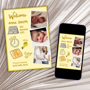 Printable Baby Announcement Card, Digital Birth Announcement Template, Editable Photo Baby Announcement, Newborn Baby Girl Boy Announcement