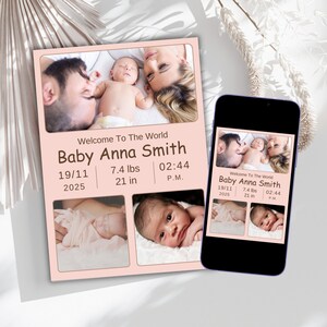 Printable Baby Birth Announcement Card, Digital Cute Birth Announcement Template, Editable Photo Baby Announcement, Newborn Baby Girl Boy