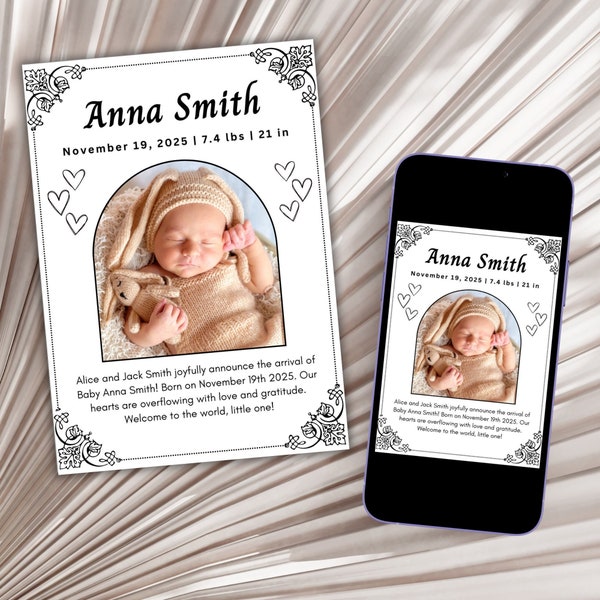 Printable Birth Announcement Card, Digital Birth Announcement Template, Editable Photo Baby Announcement, Newborn Baby Girl Boy Announcement