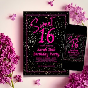 Editable Sweet 16 Birthday Party Invitation Canva Template, Digital 16th Birthday Invite, Black & Pink Printable Sweet Sixteen Party Invite