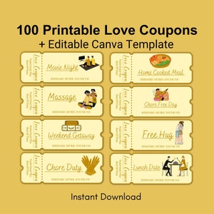 100 Printable Love Coupons for Him and Her, Couple Coupons, Valentines Day Gift, Romantic Anniversary Gift, Editable Canva Template, GF & BF