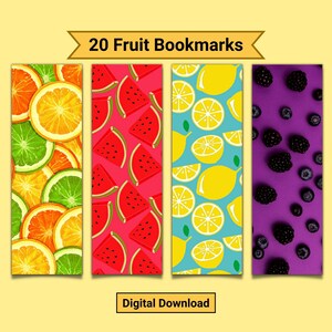 Printable Colorful Fruit Bookmarks, Bookish Food Bookmarks, Gift for Book Lover, Fruit Pattern Bookmarks, Gift for Reader, Canva Template