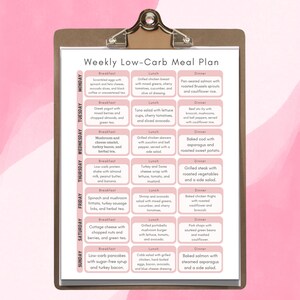 May include: A weekly low-carb meal plan with a pink and white color scheme. The meal plan is organized by day of the week, with breakfast, lunch, and dinner options listed for each day. The meal plan includes a variety of healthy and delicious low-carb recipes.