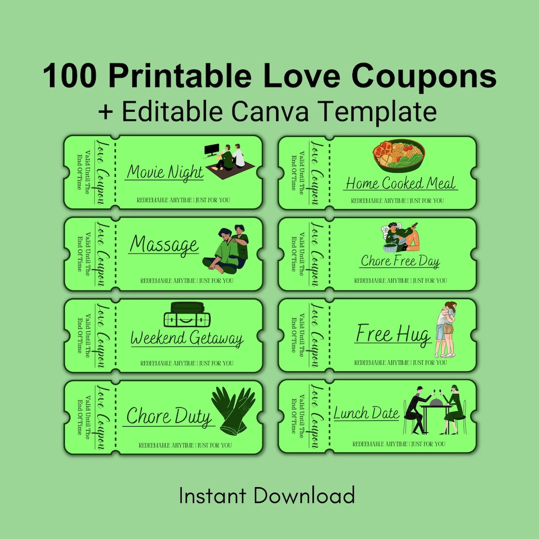 100 Printable Love Coupons for Him and Her, Couple Coupons, Valentines Day Gift, Romantic ...