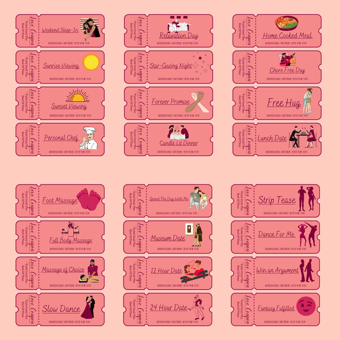 100 Printable Love Coupons for Him and Her, Couple Coupons, Valentines