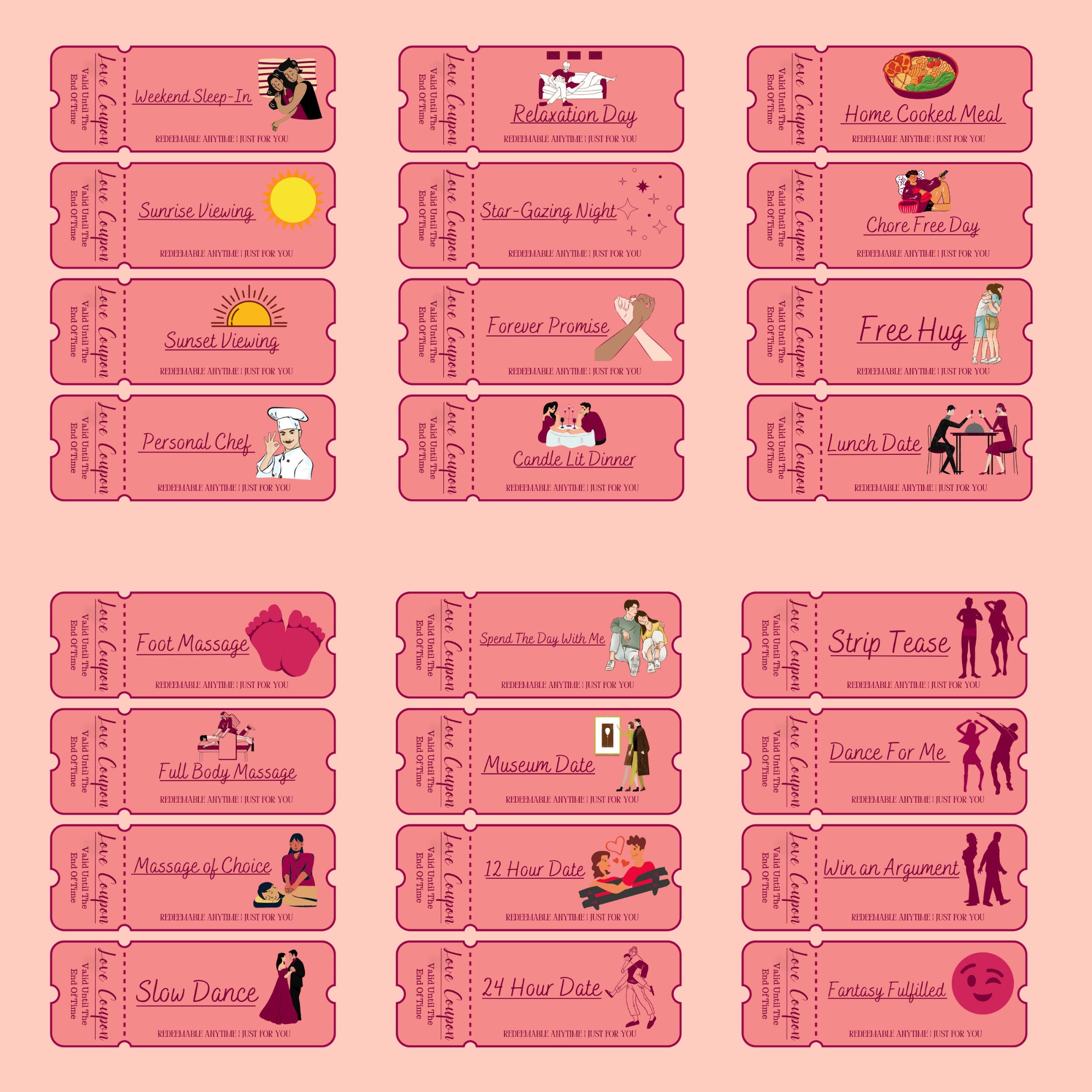 100 Printable Love Coupons for Him and Her, Couple Coupons, Valentines