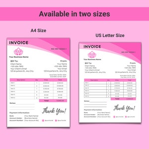 May include: Pink and white invoice template with a lotus flower design. The invoice includes sections for billing information, itemized list, total amount due, payment information, and a thank you message.