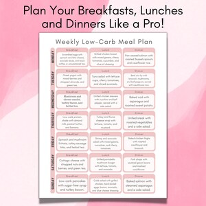May include: A weekly low-carb meal plan with a pink background. The plan includes breakfast, lunch, and dinner options for each day of the week. The meals are listed in a grid format with the day of the week listed on the left side of the grid.