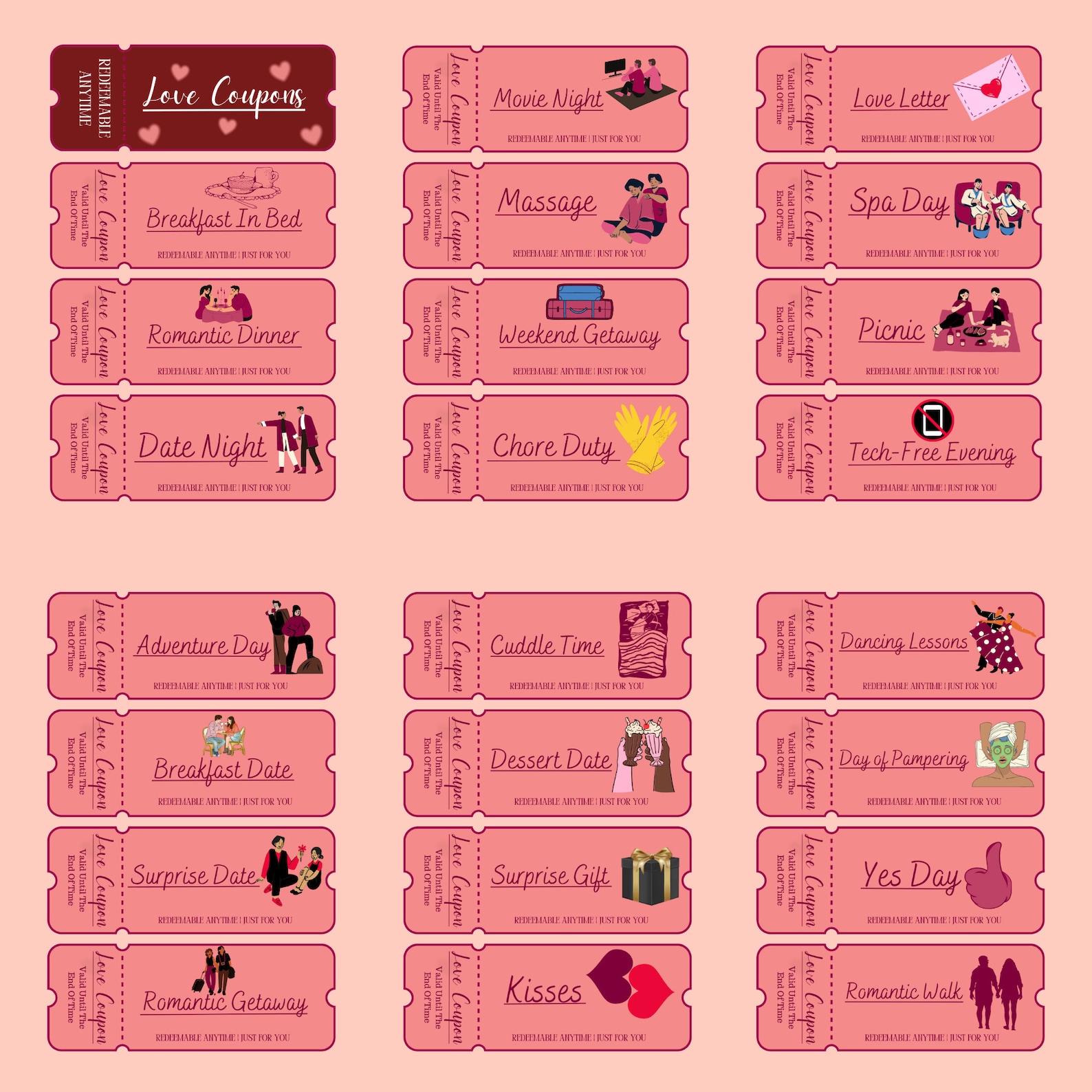 100 Printable Love Coupons for Him and Her, Couple Coupons, Valentines Day Gift, Romantic ...