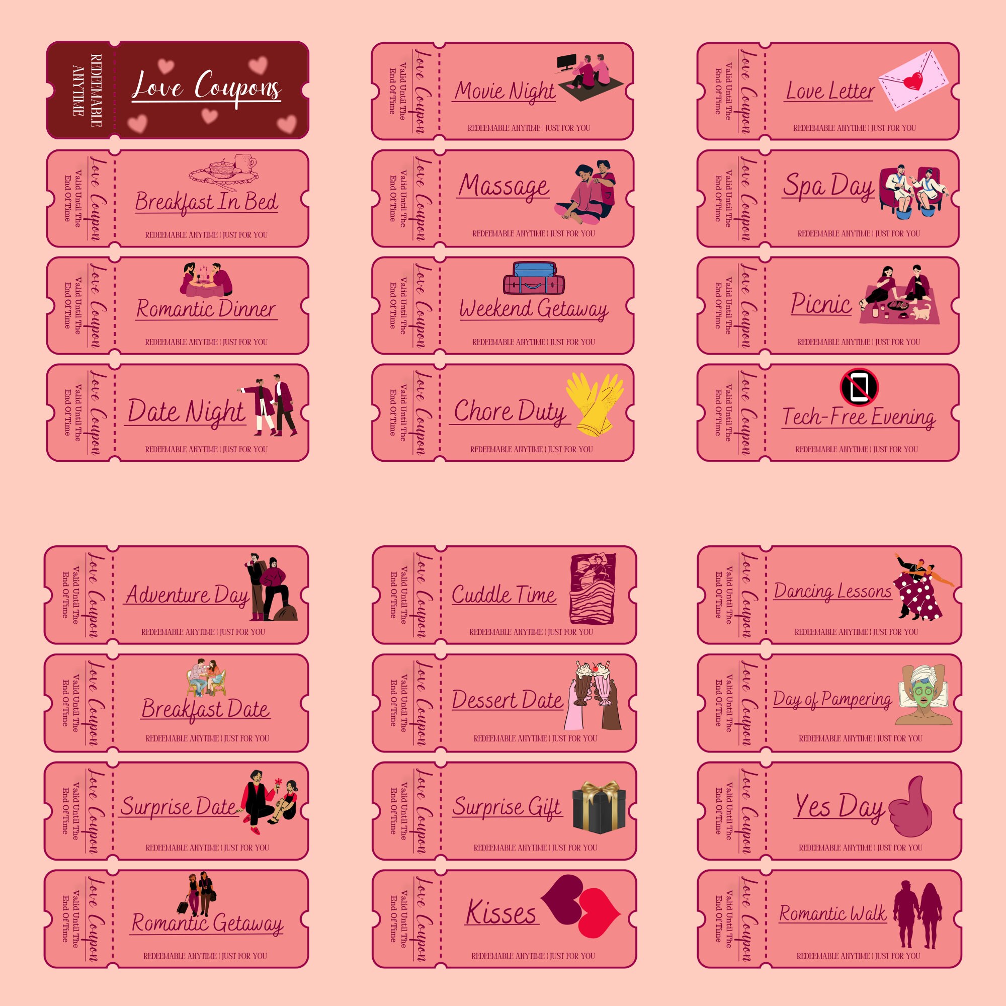 100 Printable Love Coupons for Him and Her Couple Coupons Valentines 100 Printable Love Coupons for Him and Her Couple Coupons Valentines