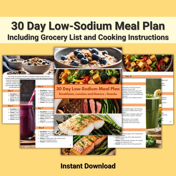 Printable 30-Day Low-Sodium Meal Plan & Grocery List, Digital Healthy Meal Prep Guide, Monthly Weekly Meal Planner, Easy Low-Salt Recipes