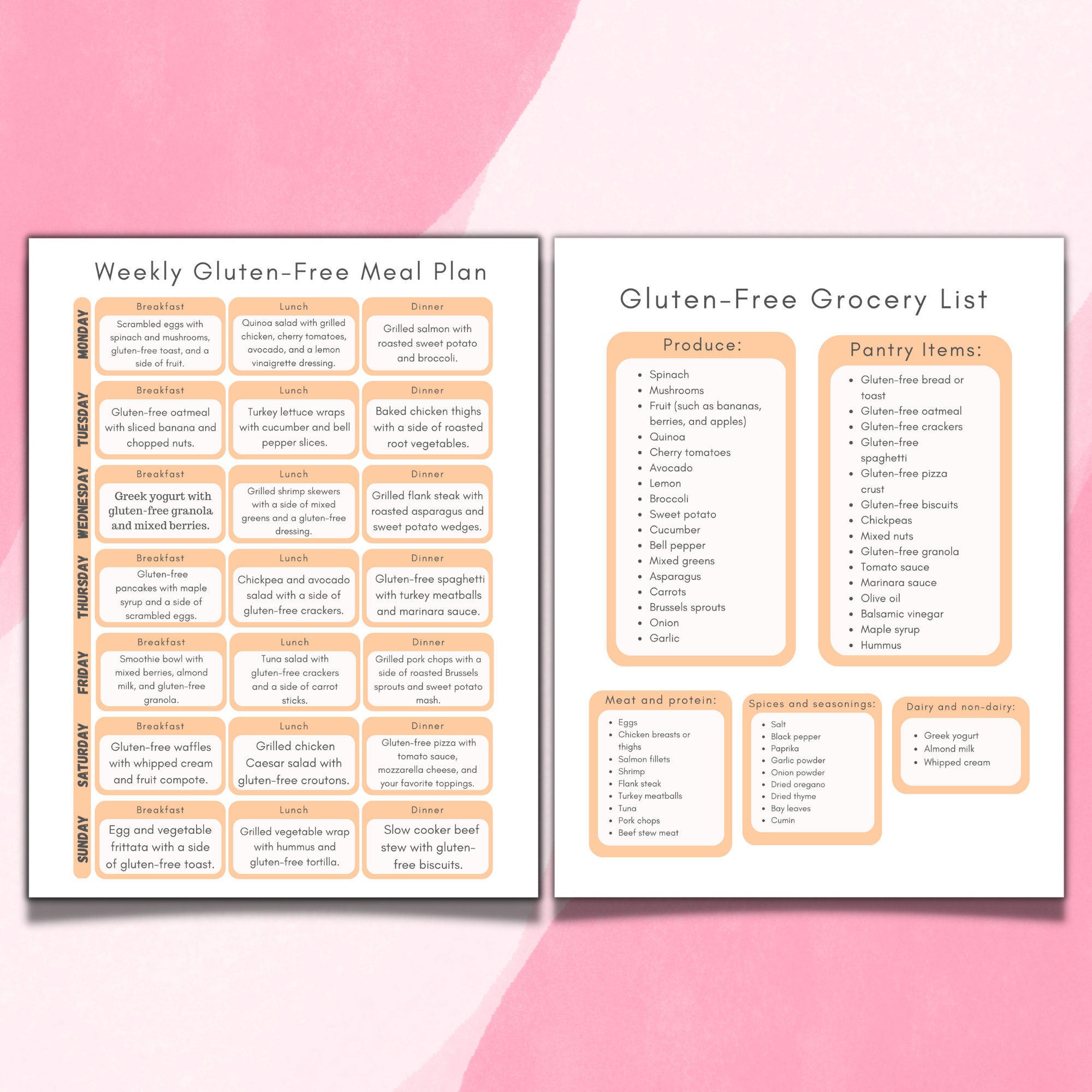 Weekly Gluten Free Meal Plan & Grocery List Printable, Shopping List ...