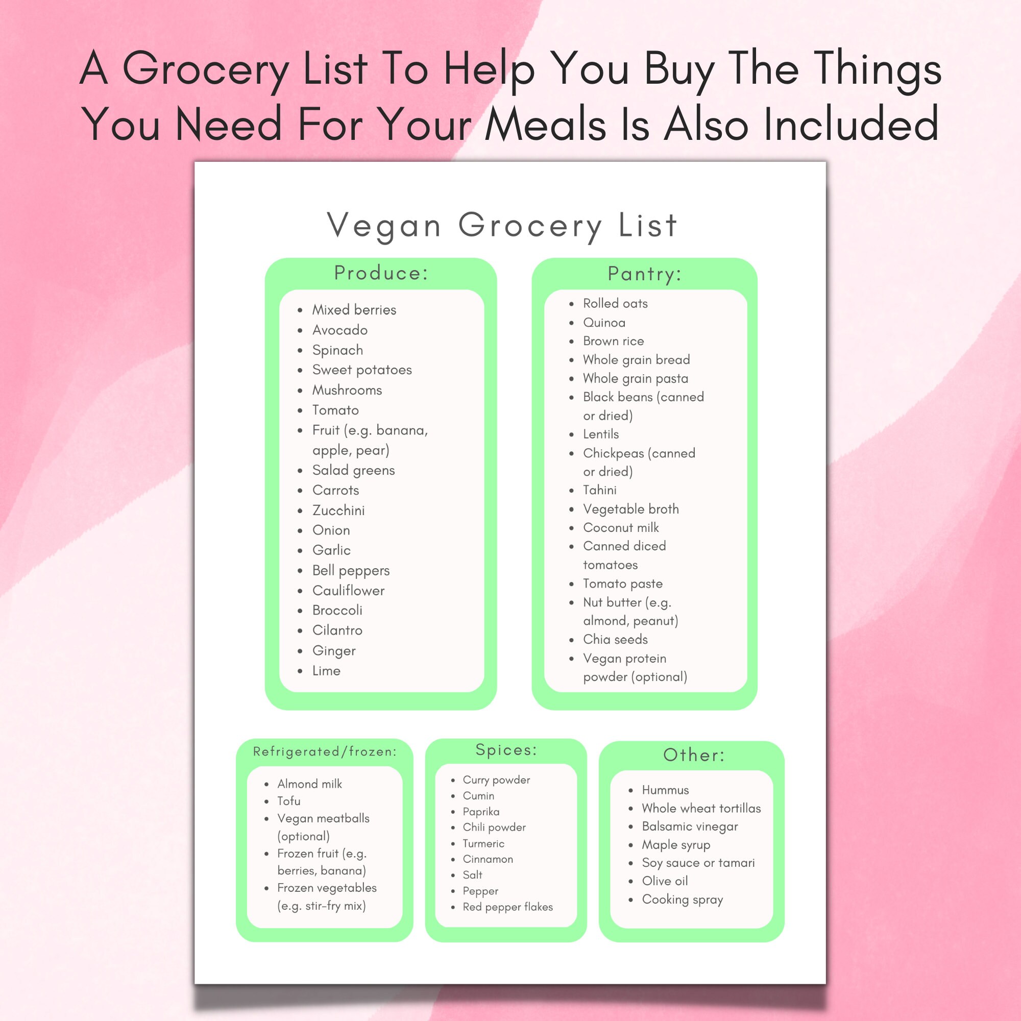 Weekly Vegan Meal Plan + Vegan Grocery List Printable, Shopping List ...
