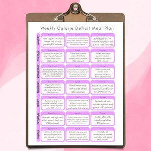 May include: A weekly calorie deficit meal plan with a pink background and a clipboard frame. The meal plan is divided into seven days of the week, with breakfast, lunch, and dinner options listed for each day. Each meal option includes a description of the food and the estimated calorie count.