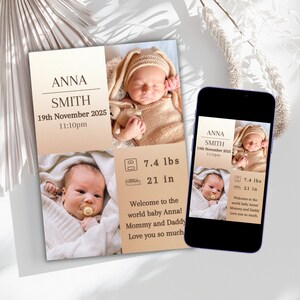 Printable Photo Birth Announcement Card, Cute Digital Birth Announcement Template, Editable Baby Announcement, Newborn Baby Girl Baby Boy