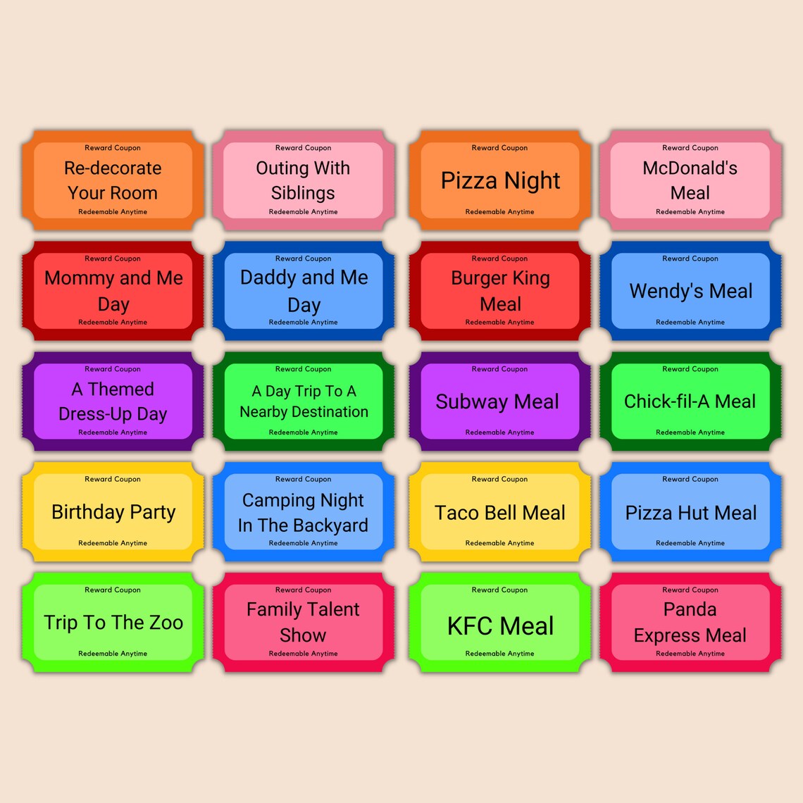60 Printable Kids Reward Coupons, Kids Coupons, Gift for Children ...