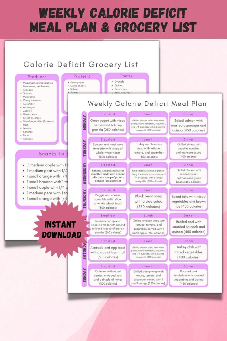 May include: A weekly calorie deficit meal plan and grocery list with a pink and white color scheme. The meal plan includes breakfast, lunch, and dinner options for each day of the week. The grocery list includes produce, protein, and pantry items.