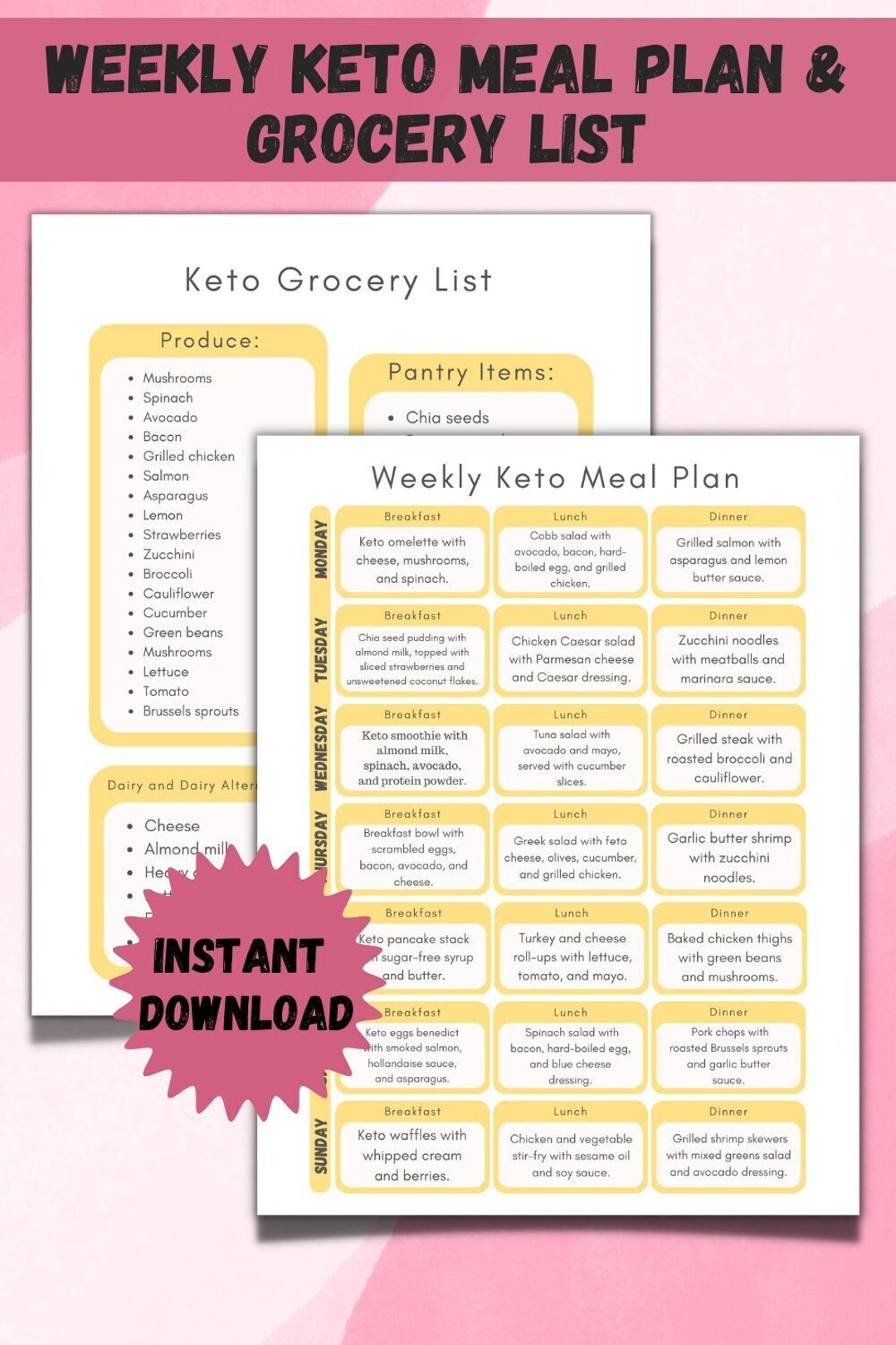 Weekly Keto Meal Plan & Grocery List Printable, Shopping List