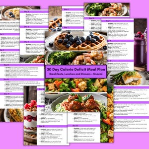May include: A 30-day calorie deficit meal plan with a colorful collage of breakfast, lunch, and dinner meals. The meal plan includes a variety of foods such as smoothies, oatmeal, eggs, yogurt, fruit, vegetables, chicken, fish, and quinoa.