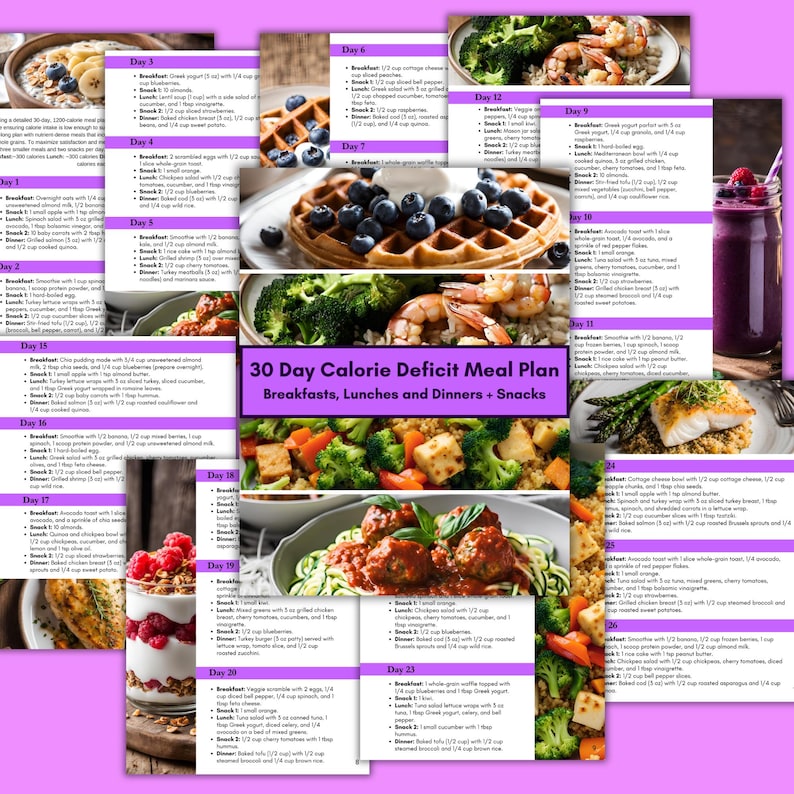 May include: A 30-day calorie deficit meal plan with a colorful collage of breakfast, lunch, and dinner meals. The meal plan includes a variety of foods such as smoothies, oatmeal, eggs, yogurt, fruit, vegetables, chicken, fish, and quinoa.