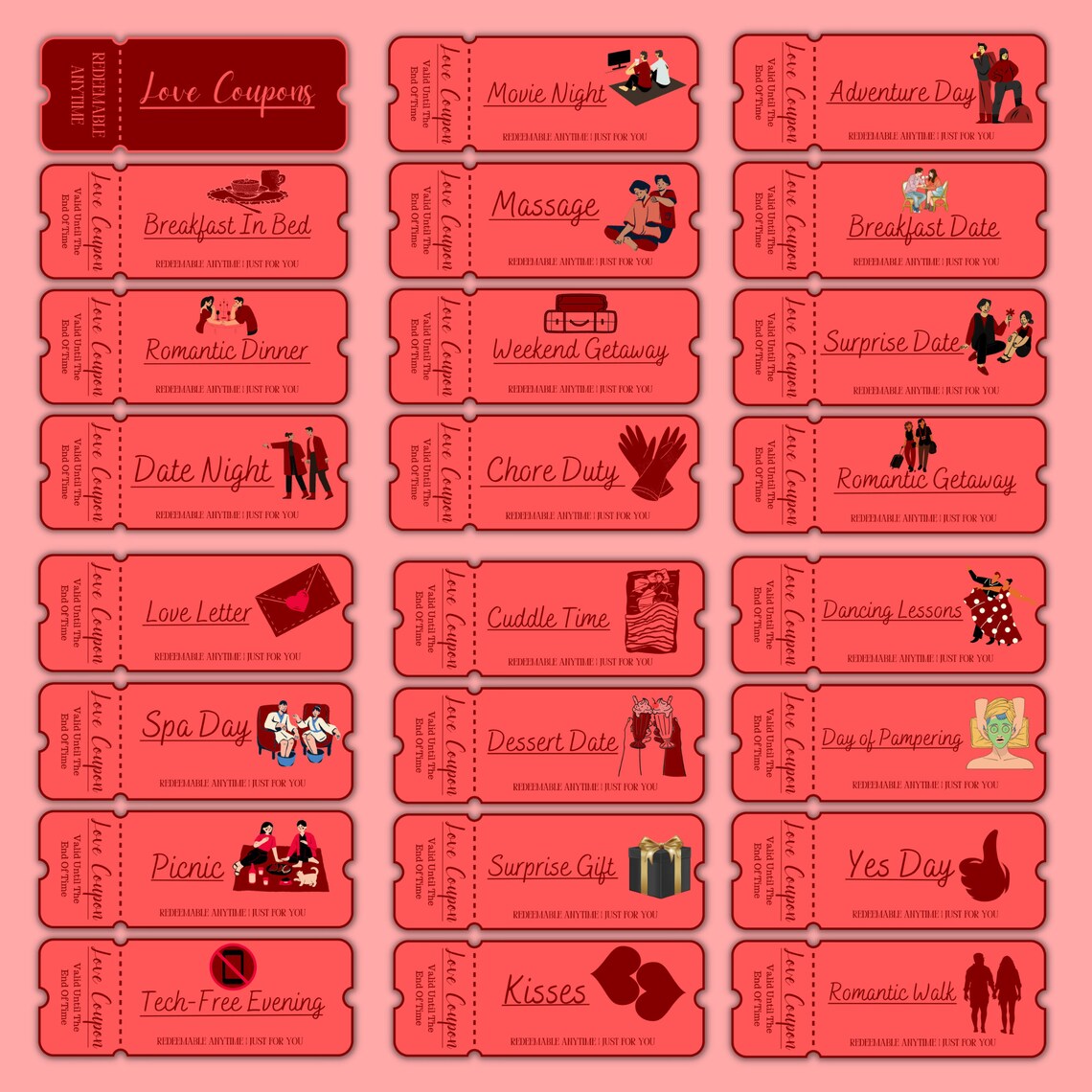 100 Printable Love Coupons for Him and Her Couple Coupons Valentines 100 Printable Love Coupons for Him and Her Couple Coupons Valentines