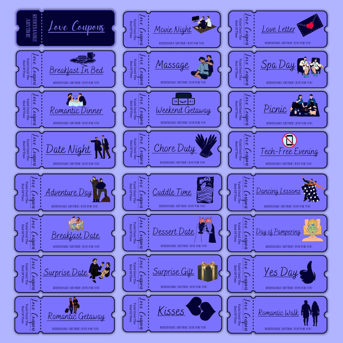 100 Printable Love Coupons for Him and Her, Couple Coupons, Valentines
