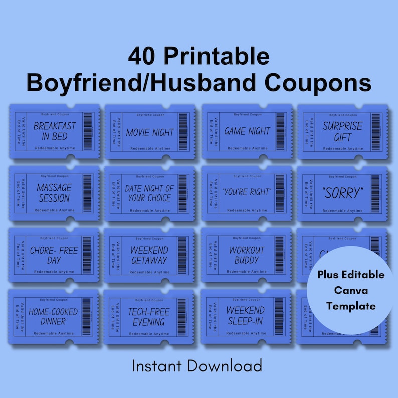 40 Printable Boyfriend Coupons, Husband Coupon Book, Valentines Day Present, Romantic ...
