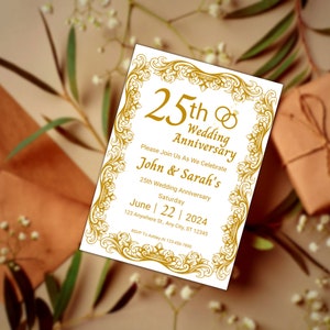 Gold 25th Wedding Anniversary Invitation Canva Template, Printable Vow Renewal Evite, Editable Invitations, Digital Invite, Instant Download