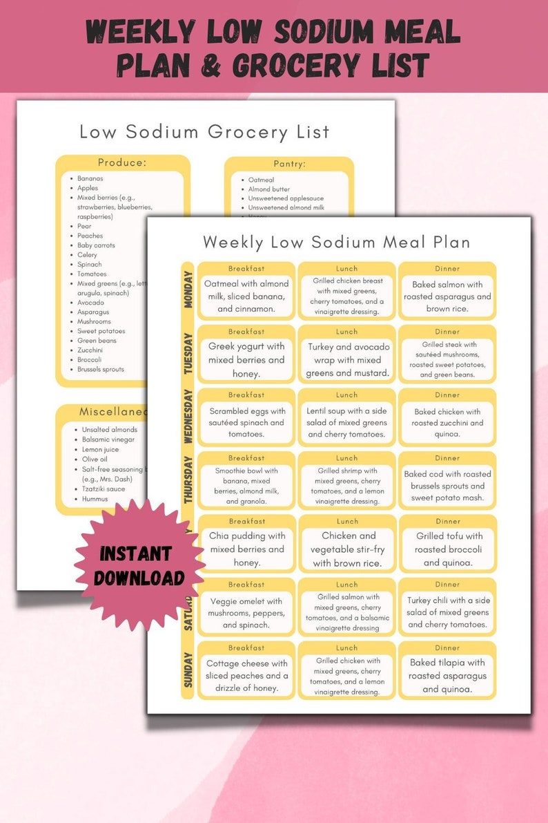 May include: A weekly low sodium meal plan and grocery list with a yellow and pink background. The meal plan includes breakfast, lunch, and dinner options for each day of the week. The grocery list includes produce, pantry items, and miscellaneous ingredients.
