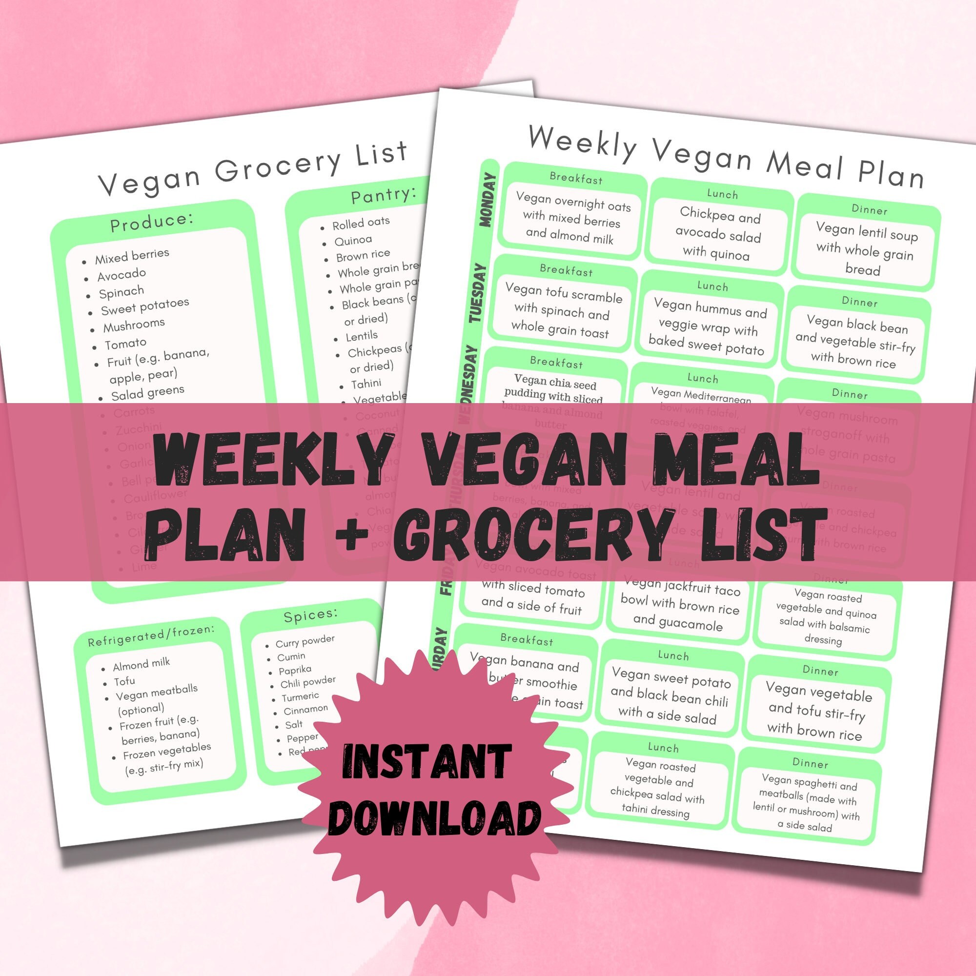 Weekly Vegan Meal Plan + Vegan Grocery List Printable, Shopping List, Breakfast Lunch and Dinner ...