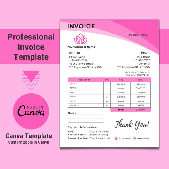 Pink Professional Invoice Template, Printable Small Business Invoice, Custom Invoice Form, Editable Digital Invoice PDF, Canva Template