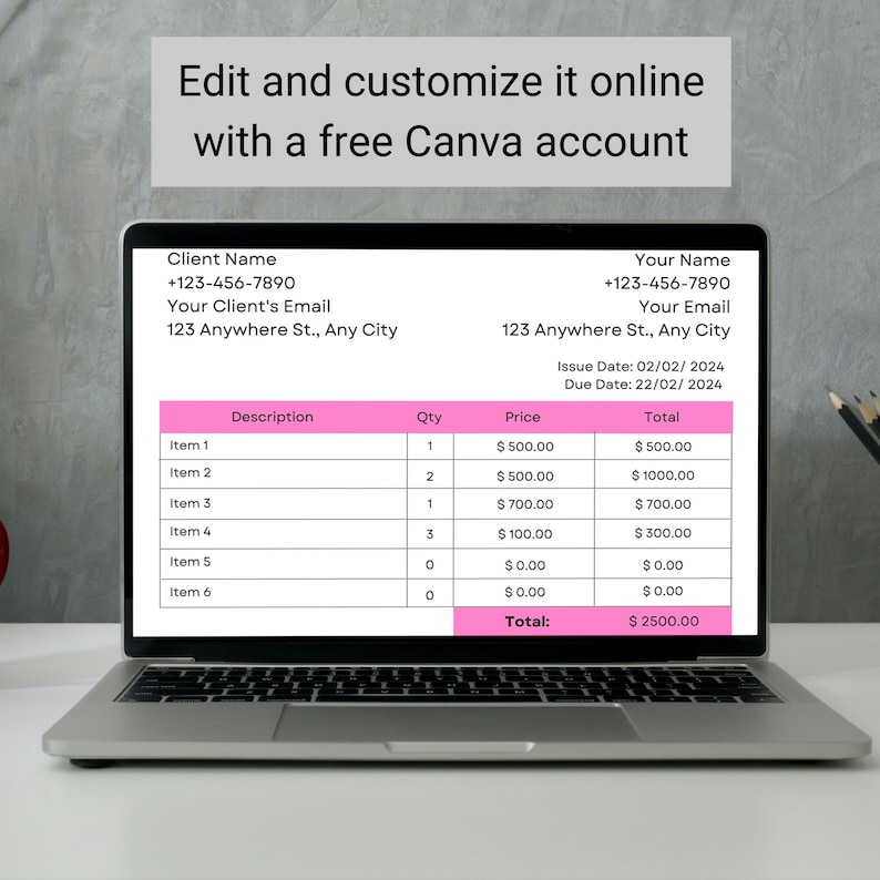 May include: A laptop screen displaying a pink and white invoice template with the text "Edit and customize it online with a free Canva account". The invoice includes fields for client name, phone number, email, and address, as well as fields for item description, quantity, price, and total. The total amount is $2500.00.