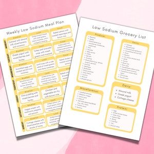 May include: A yellow and white printable meal plan and grocery list for a low sodium diet. The meal plan includes breakfast, lunch, and dinner options for each day of the week. The grocery list is divided into categories: produce, pantry, dairy, miscellaneous, and protein.