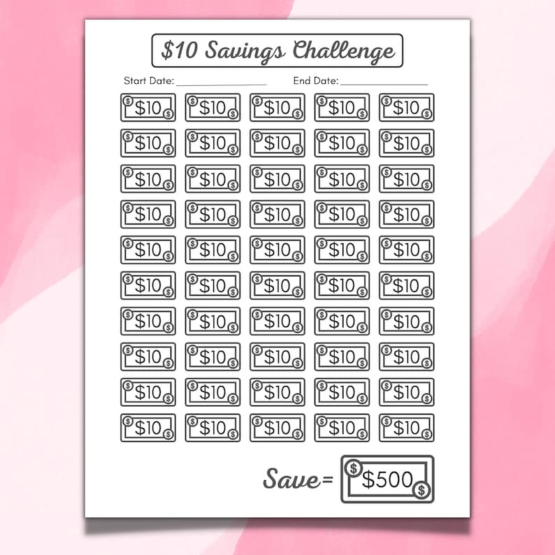 10 Dollar Savings Challenge Printable, Mini Savings Tracker, 50 Day ...