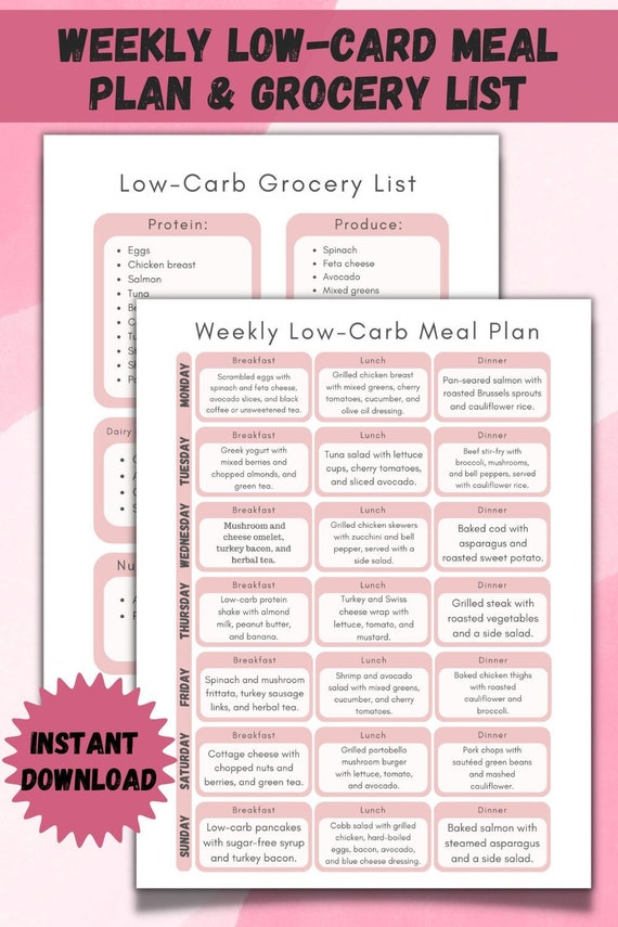 Weekly Low-Carb Meal Plan & Grocery List Printable, Shopping List, Breakfast Lunch and Dinner Meal Planner Instant Download, Food List