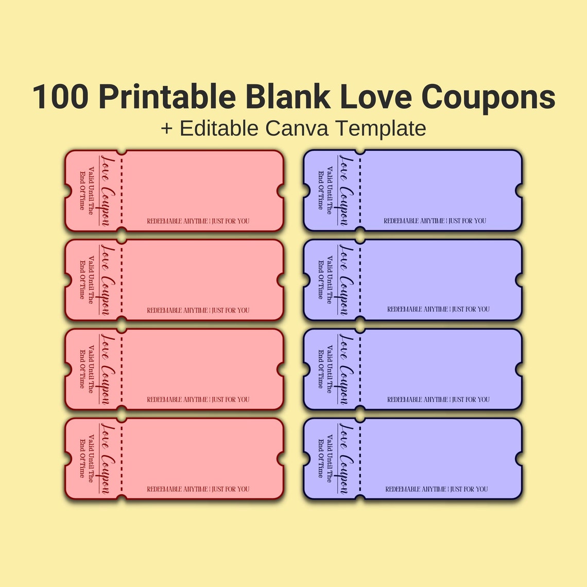 100 Printable Blank Love Coupons for Him and Her, Couple Coupons ...